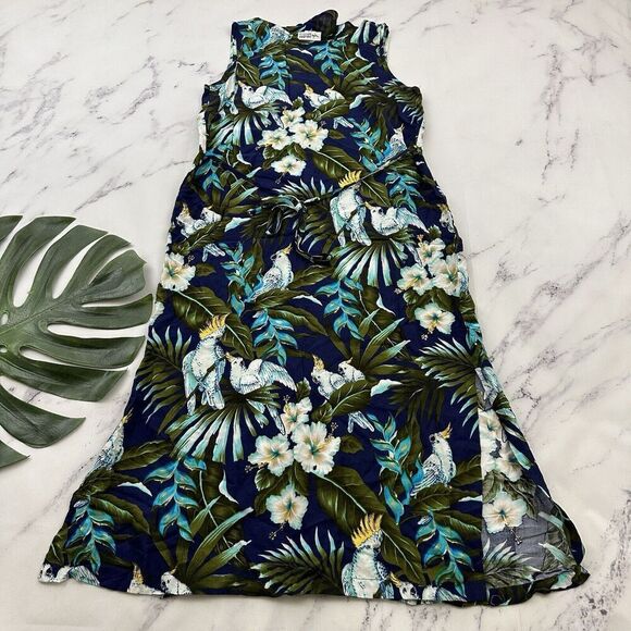 Paradise Bay Womens Vintage Tropical Dress Size M Petite Blue White Birds Floral - Picture 6 of 9